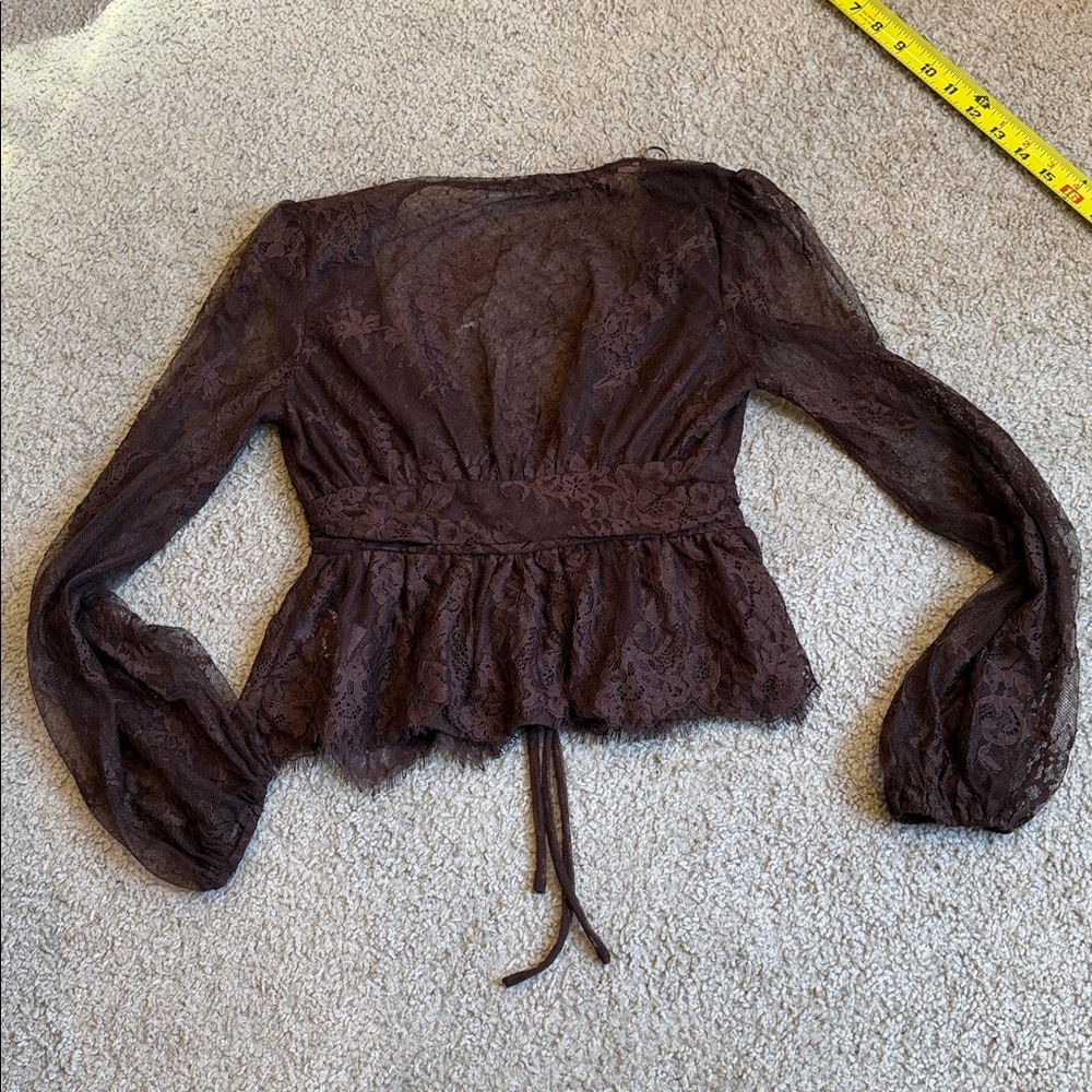 12th Tribe Sheer Lace Tie-Front Blouse in Dark Brown - Picture 8 of 10